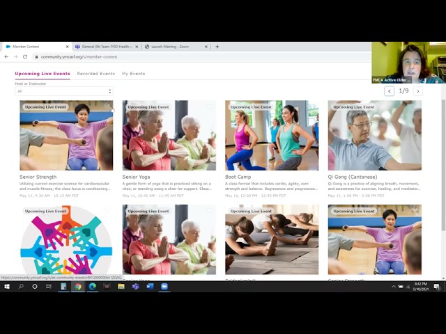 Screenshot of a webpage displaying various upcoming live events such as Senior Strength, Senior Yoga, Boot Camp, and Qigong. A person appears in a small video call window in the top right corner.