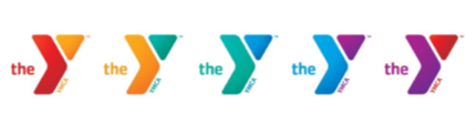 Five YMCA logos in various colors, including red, orange, green, blue, and purple, each with the text "the Y" and "YMCA" written next to the logo.