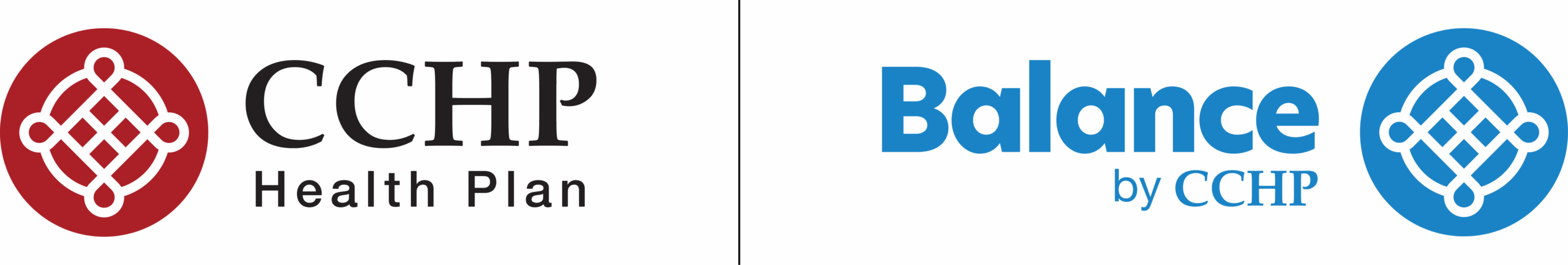 Two logos side by side: "CCHP Health Plan" in black with a red circular emblem, and "Balance by CCHP" in blue with a matching blue circular emblem—perfect for your Lunar New Year 5K Run or 10K Run event materials.