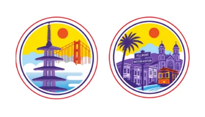 Two circular illustrations: one shows a pagoda and Golden Gate Bridge, the other highlights Victorian houses, a palm tree, a street sign, a trolley, and a church—both under a yellow sky with a red sun. Perfect for promoting the Youth Community Festival or an exclusive VIP Reception.