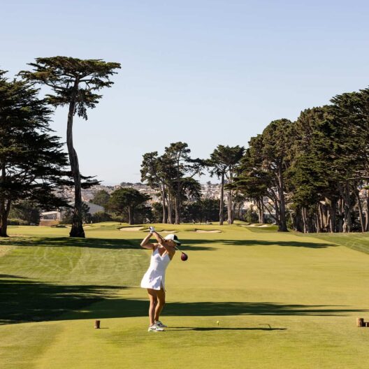 Adult swinging a golf club on a tee box at a golf course.