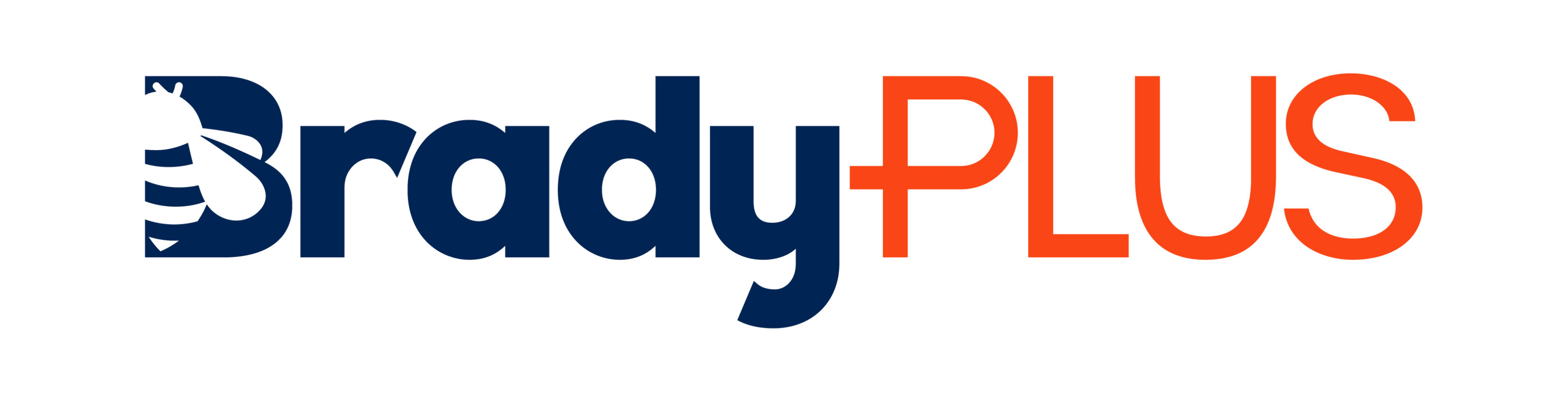 The logo displays the word "BradyPLUS" with "Brady" in navy blue and "PLUS" in orange; the "B" contains a stylized bee graphic, making it perfect for events like the Presidio YMCA Golf Tournament.