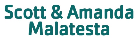 Text that reads “Scott & Amanda Malatesta” in teal, bold, rounded font on a white background, perfect for the Presidio YMCA Golf Tournament event materials.