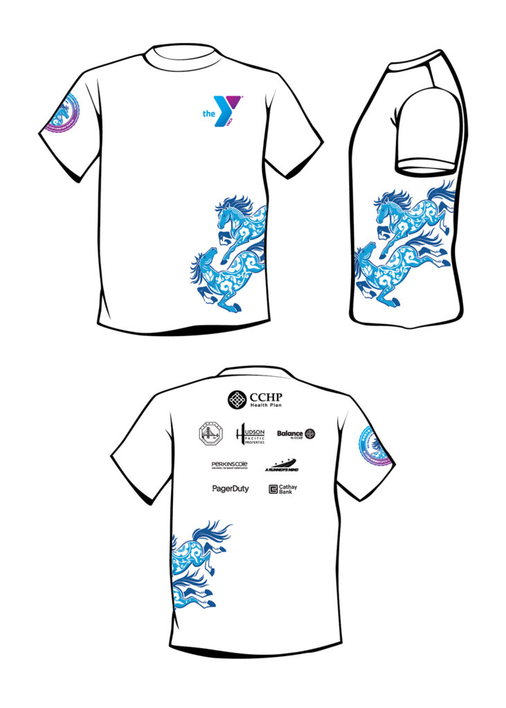 White T-shirt with a blue dragon graphic on the lower side, the YMCA logo on the front, and multiple sponsor logos on the back.