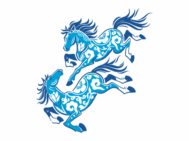 Two stylized blue horses with intricate white patterns leap forward on a plain background, celebrating the spirit of the Lunar New Year.