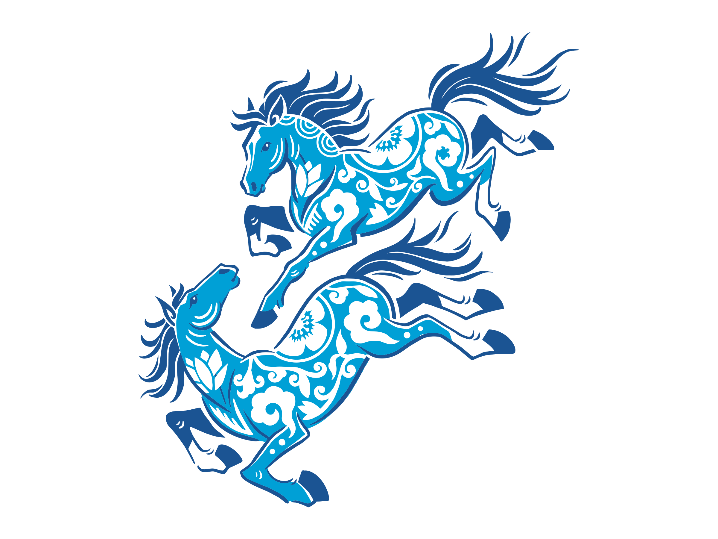 Two stylized blue horses with intricate white patterns leap forward on a plain background, celebrating the spirit of the Lunar New Year.