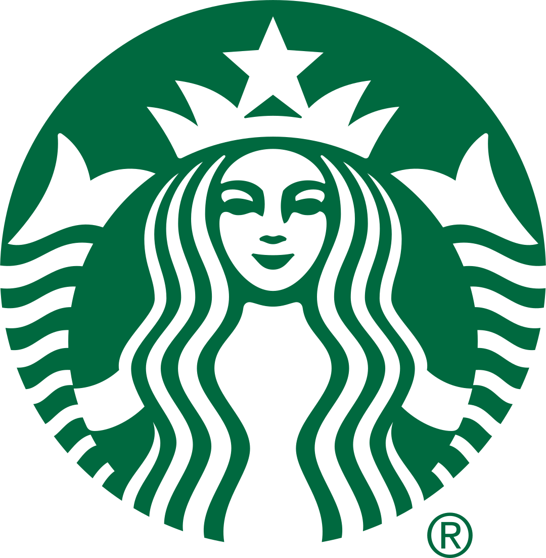 Green and white Starbucks logo featuring a crowned twin-tailed siren inside a circular design.