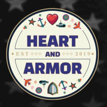 Circular logo with text “Heart and Armor,” established 2019, decorated with icons like anchors, planes, helmets, and a heart on a dark star-patterned background—thoughtfully designed to honor the September 11 remembrance.